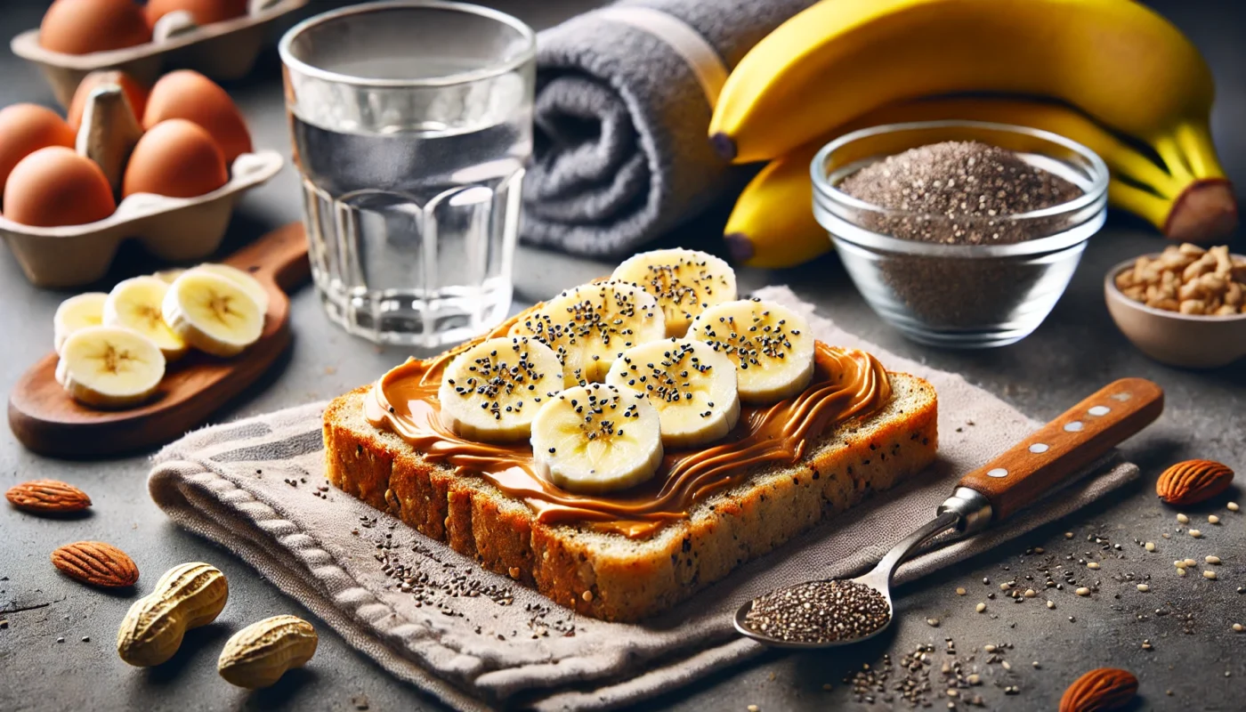  A slice of whole-grain toast topped with peanut butter and banana slices, sprinkled with chia seeds, accompanied by a glass of water and a fitness towel, illustrating a quick and protein-rich pre-workout snack.