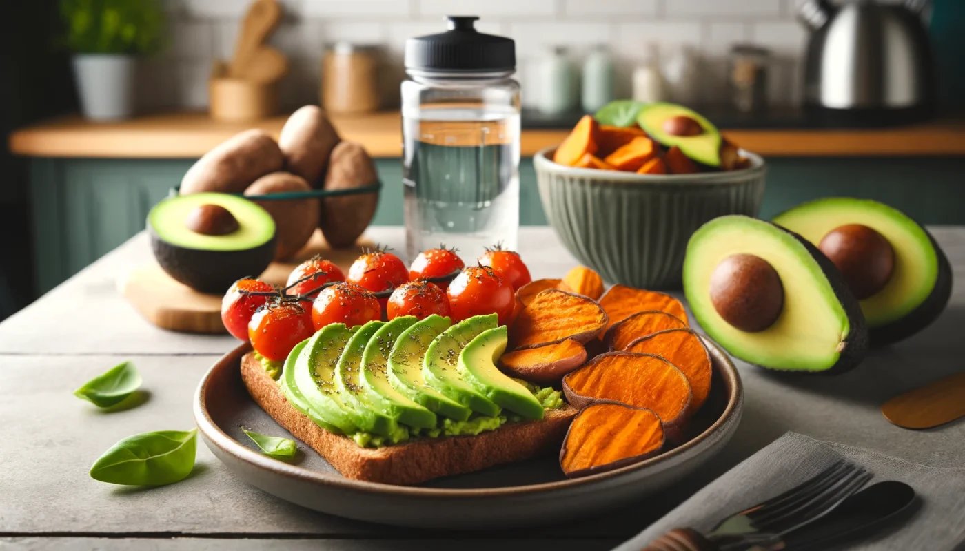 A plate with whole-grain toast topped with avocado slices and cherry tomatoes, accompanied by roasted sweet potatoes, set in a modern kitchen with a fitness water bottle, representing a nutritious carbohydrate-rich post-workout meal.