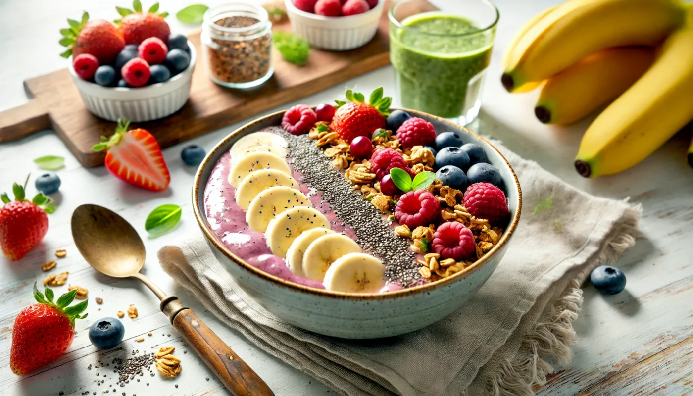 A vibrant smoothie bowl topped with granola, sliced bananas, fresh berries, and chia seeds, placed on a wooden table with a bright and airy background, illustrating a refreshing carbohydrate-rich post-workout meal.