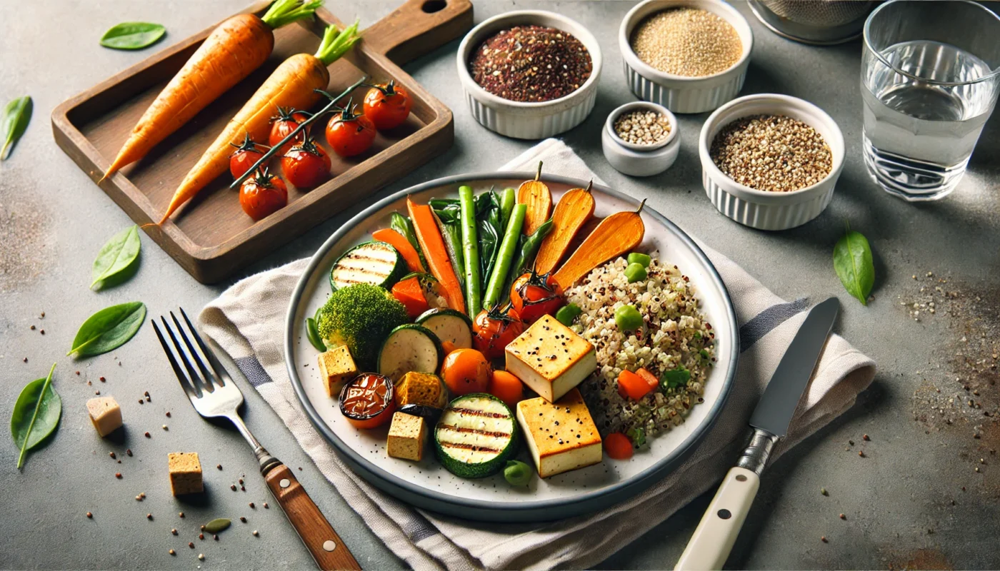 A plate with roasted vegetables, quinoa, and grilled tofu cubes, set on a clean dining table with a modern kitchen background, representing a wholesome and carbohydrate-rich post-workout meal.