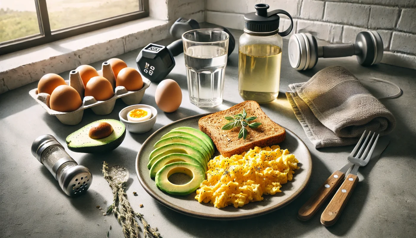 A plate of scrambled eggs with avocado slices and whole-grain toast, placed in a modern kitchen setting with fitness gear like a water bottle and a towel, emphasizing a nutritious post-workout meal featuring eggs.