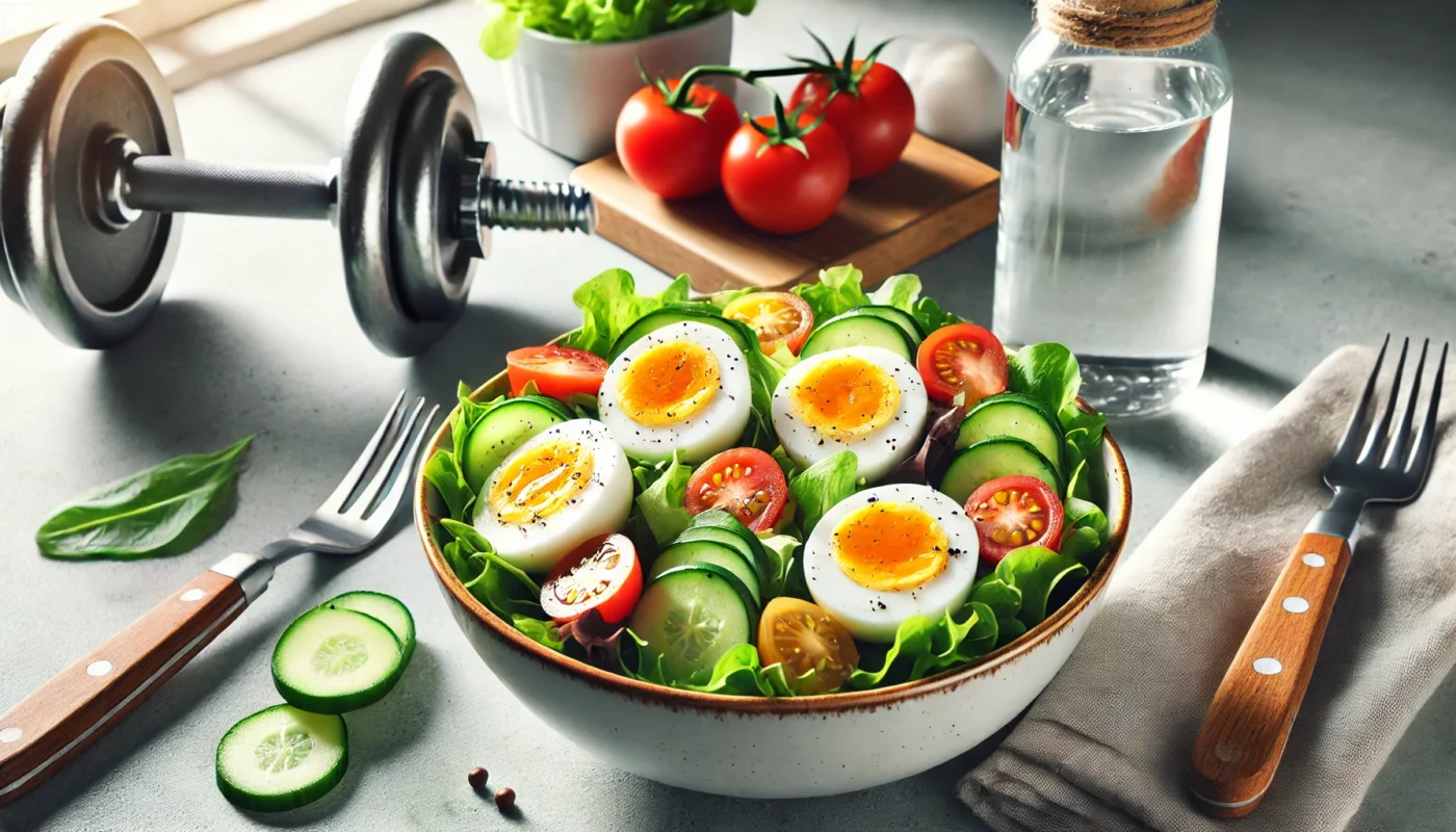 A hard-boiled egg salad served on a bed of mixed greens, cherry tomatoes, and cucumber slices in a modern bowl, accompanied by a dumbbell and a water bottle on a dining table, representing a healthy post-workout meal with eggs.