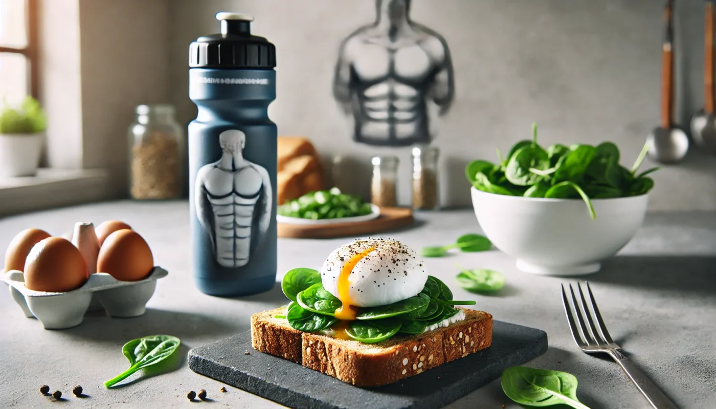 A poached egg on a slice of whole-grain toast, garnished with fresh spinach and black pepper, set in a minimalist kitchen with a fitness water bottle, representing a nutritious and protein-rich post-workout meal with eggs.