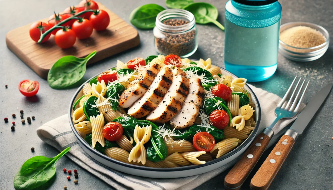 A plate of whole-grain pasta topped with grilled chicken, sautéed spinach, and cherry tomatoes, garnished with Parmesan cheese, set in a modern kitchen with a fitness water bottle, representing a nutritious post-workout meal with pasta.