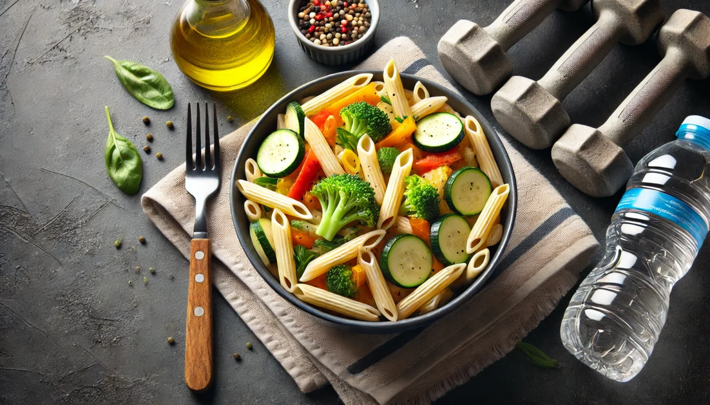 A bowl of pasta primavera featuring whole-grain penne, mixed vegetables like zucchini, bell peppers, and broccoli, drizzled with olive oil, accompanied by a fork and a fitness towel, showcasing a healthy post-workout meal with pasta.