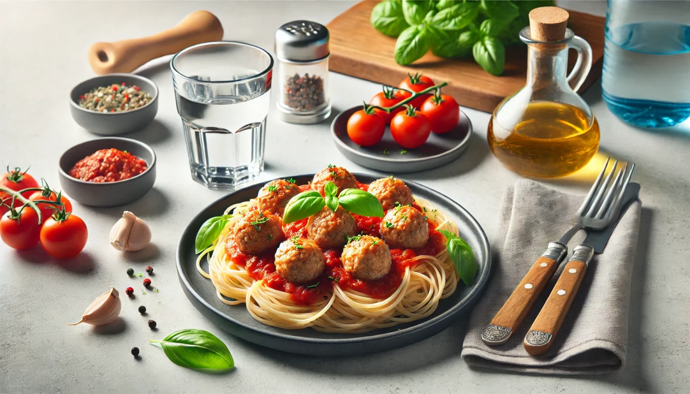  A plate of spaghetti topped with turkey meatballs in a tomato-based sauce, garnished with fresh basil, set in a minimalist kitchen with a glass of water, representing a protein-packed post-workout meal with pasta.