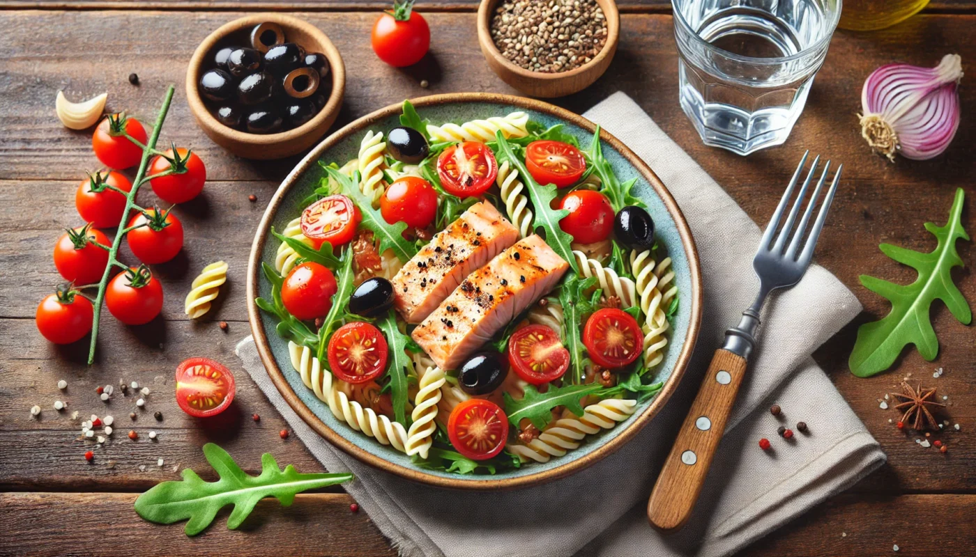 A plate of whole-grain pasta salad featuring cherry tomatoes, arugula, black olives, and grilled salmon chunks, lightly drizzled with vinaigrette, set on a wooden table with a fork and glass of water, showcasing a nutritious post-workout meal with pasta.