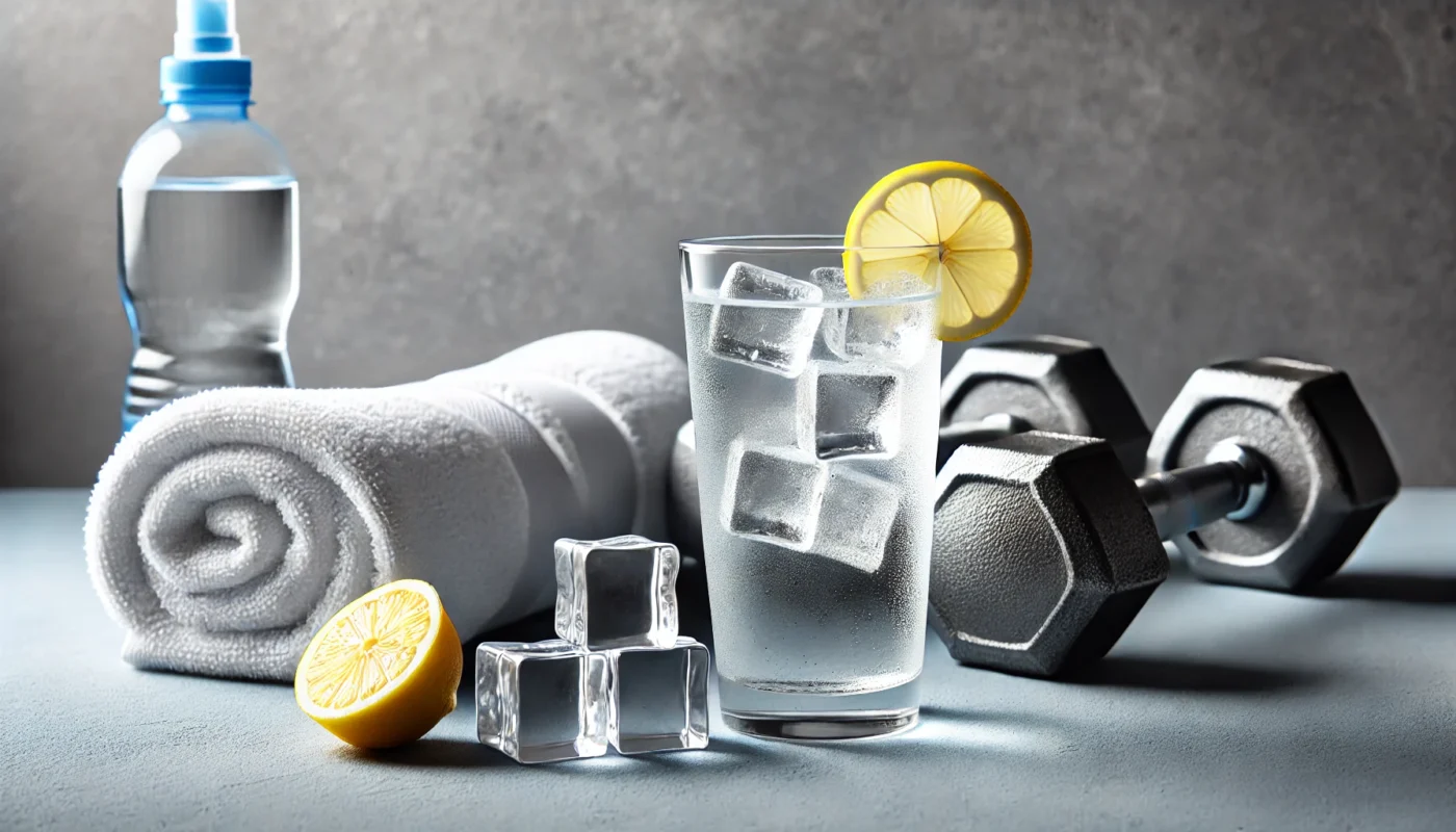 A glass of water with ice cubes and a slice of lemon, placed on a minimalist gym countertop alongside a towel and small dumbbells, illustrating hydration before a workout.