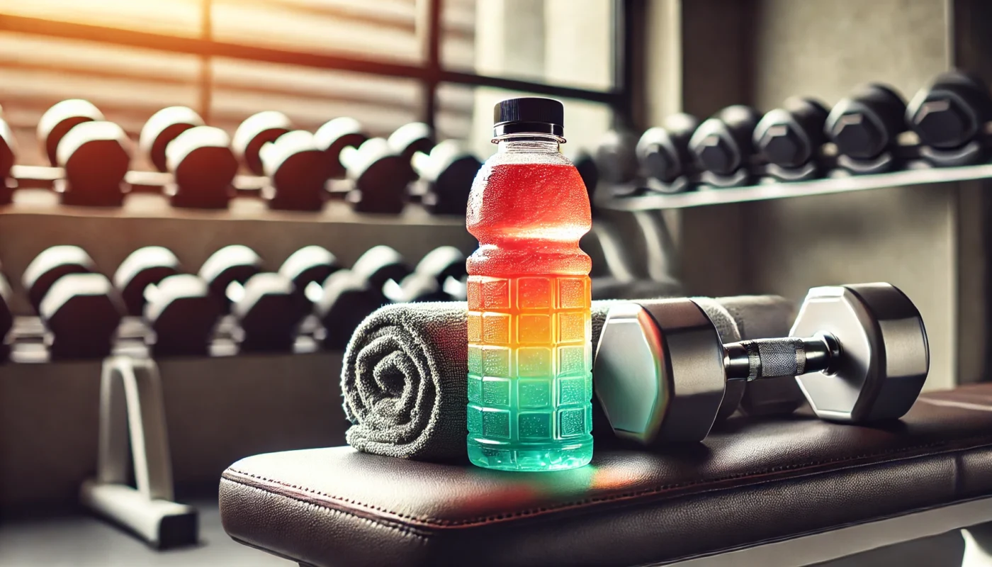 A colorful sports drink in a clear bottle, set on a gym bench with a towel and dumbbells in the background, showcasing an electrolyte-rich beverage for pre-workout hydration.