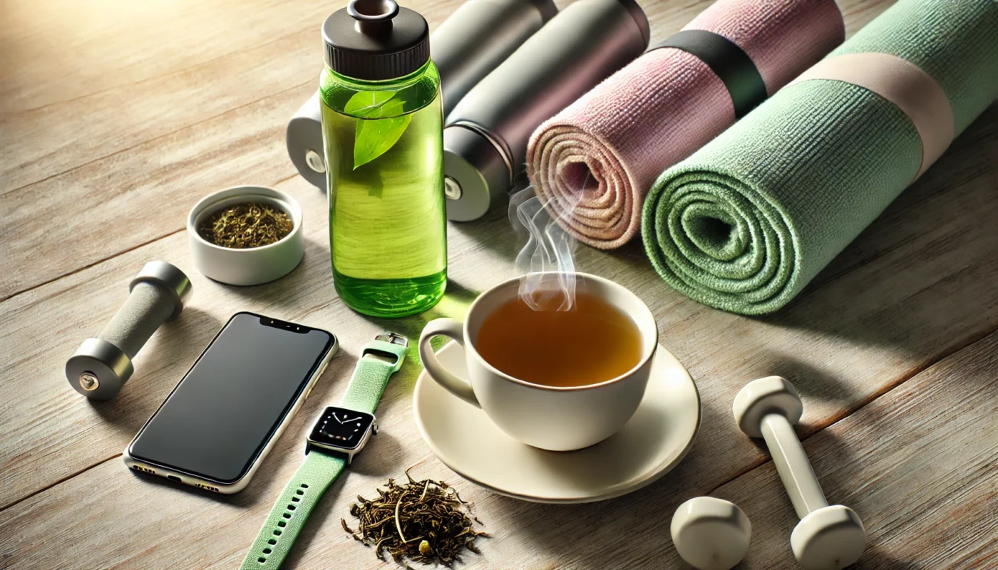 A steaming cup of green tea on a wooden table, surrounded by fitness accessories like a water bottle and a yoga mat, highlighting a pre-workout drink option with antioxidants and mild caffeine.