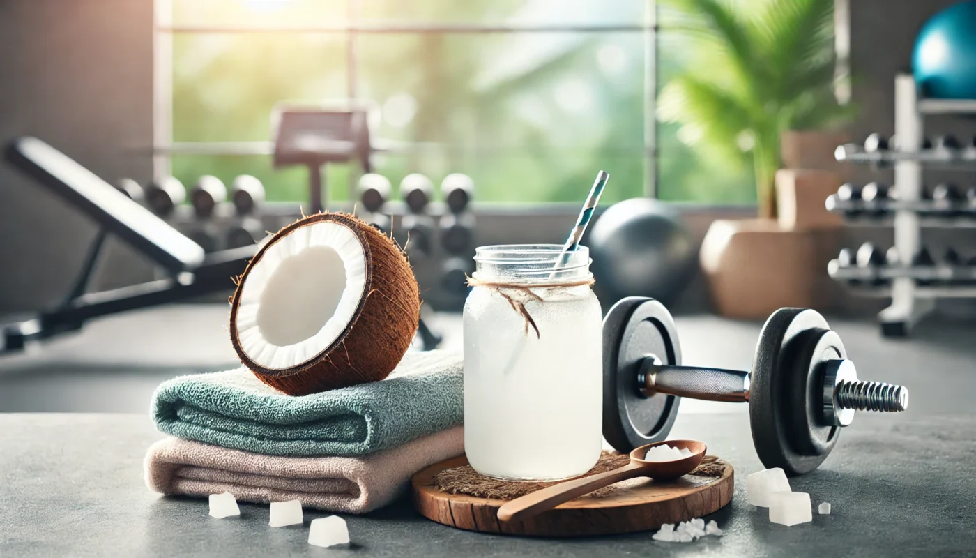 A glass of coconut water on a gym counter, accompanied by a fitness towel and dumbbells in a bright, airy setting, representing a natural pre-workout hydration option rich in electrolytes.