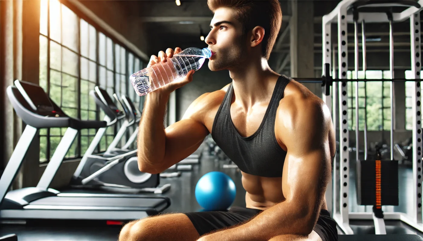 A fitness enthusiast drinking water from a bottle in a modern gym setting, with workout equipment in the background, highlighting the importance of hydration after a workout for muscle recovery.