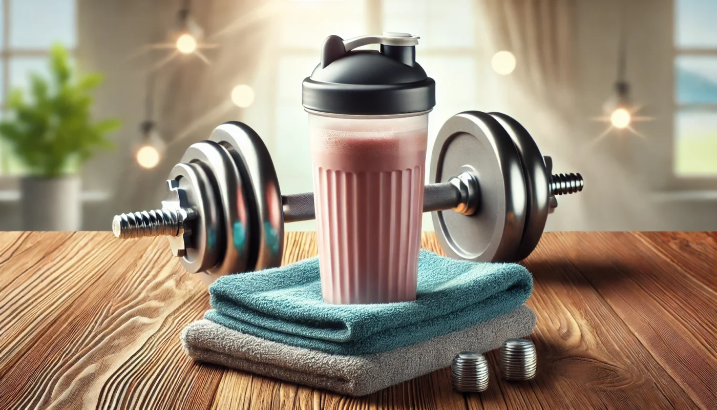 A protein shake on a wooden table, accompanied by a pair of dumbbells and a towel, set against a bright background, symbolizing essential post-workout nutrition for muscle recovery and growth.