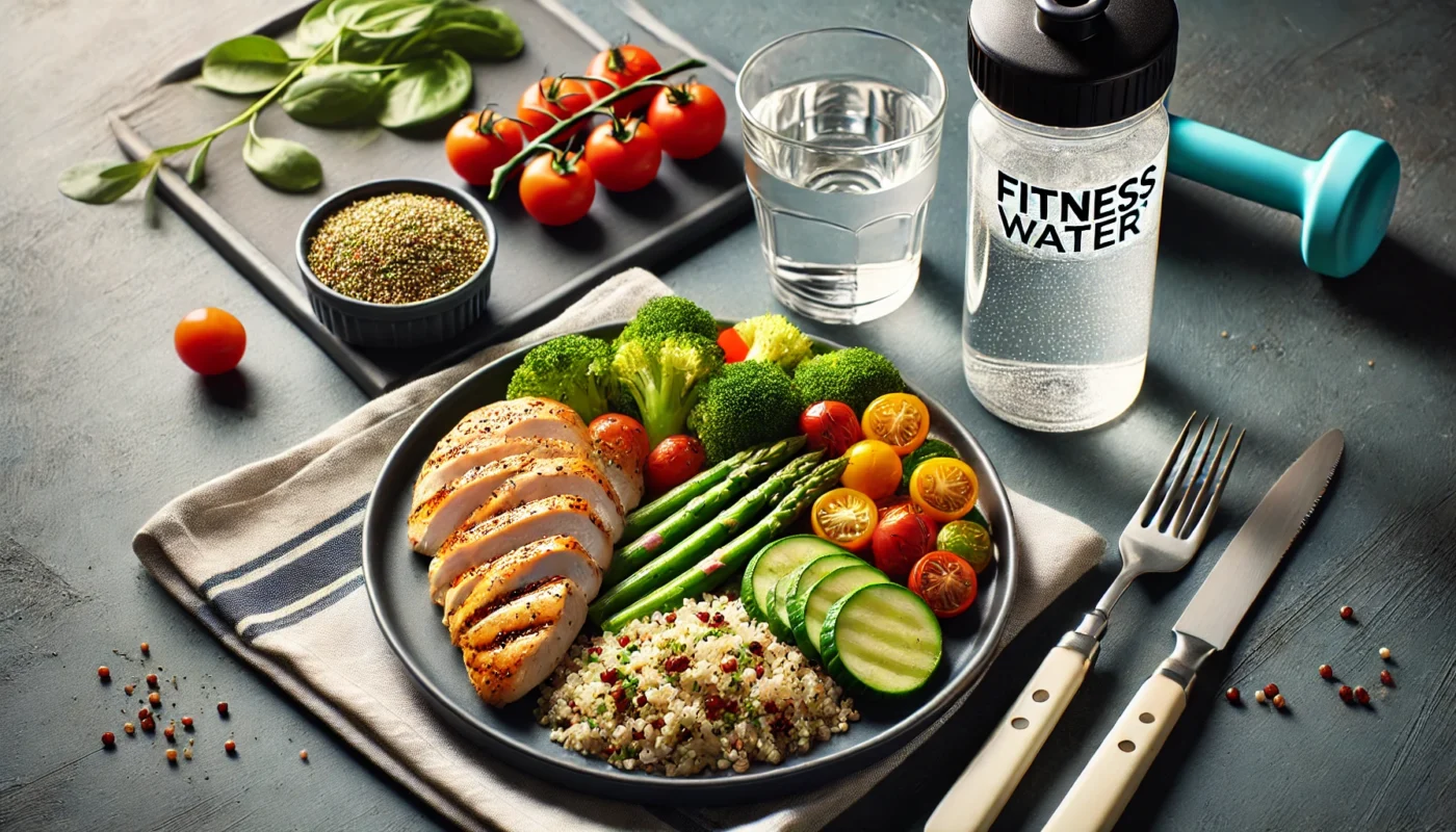  A plate of grilled chicken breast with steamed vegetables and quinoa, placed on a dining table with a glass of water and a fitness water bottle, showcasing a balanced meal for muscle recovery after a workout.