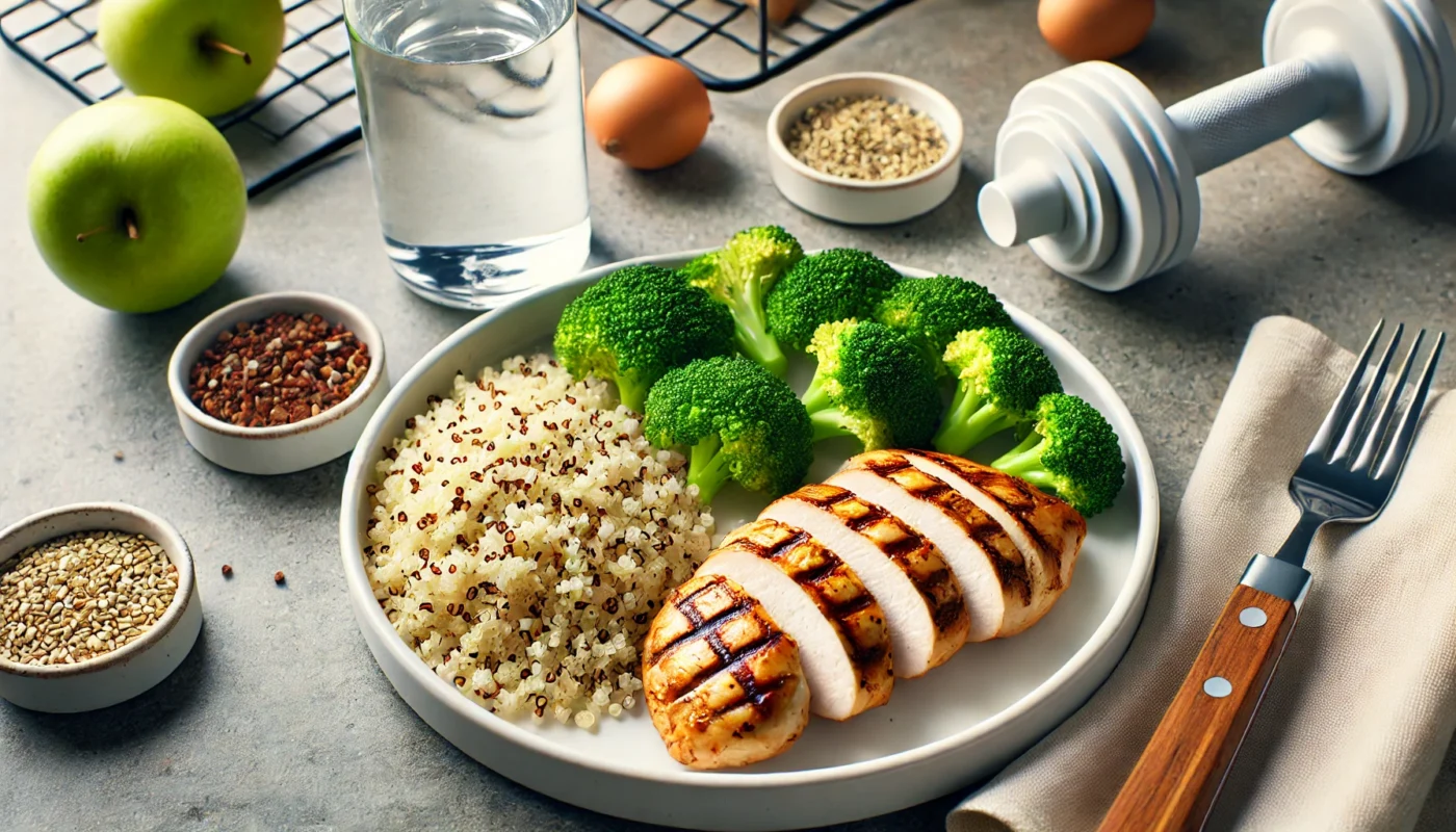 A pre-workout meal featuring grilled chicken breast, quinoa, and steamed broccoli on a clean white plate, accompanied by a fitness water bottle in a modern kitchen setting, illustrating a protein-rich option before a workout.