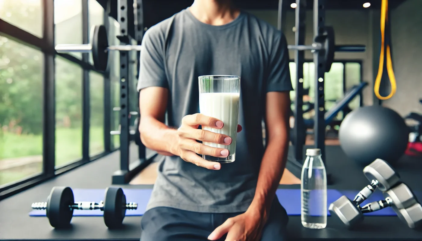 A widescreen image of a person holding a glass of milk, standing in front of gym equipment. The focus is on the glass of milk, symbolizing its use as a pre-workout beverage. The gym environment includes a clean setup with dumbbells, a yoga mat, and a water bottle in the background.