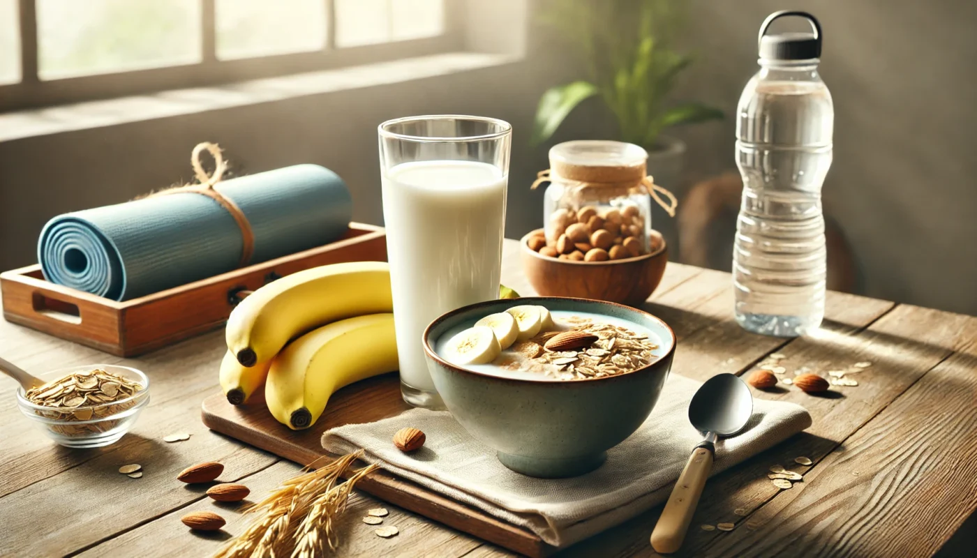 A neatly set breakfast table featuring a glass of milk, a bowl of oats, bananas, and almonds, illuminated by sunlight from a nearby window. A fitness water bottle and a rolled-up yoga mat in the background indicate preparation for an active workout session.