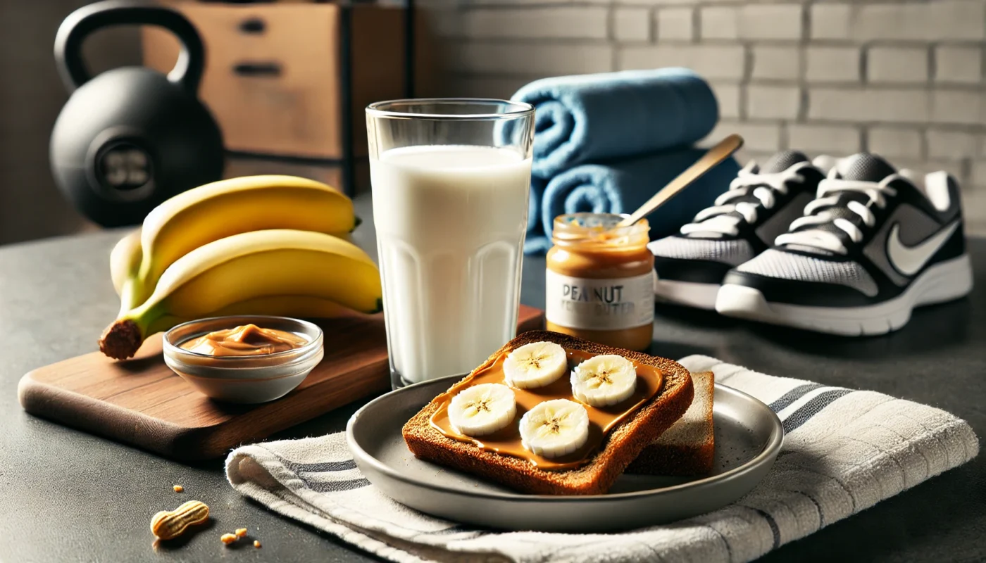 A glass of milk on a kitchen counter beside a plate of whole-grain toast topped with peanut butter and banana slices, representing a balanced pre-workout meal. In the background, gym essentials like a towel and running shoes indicate workout preparation.