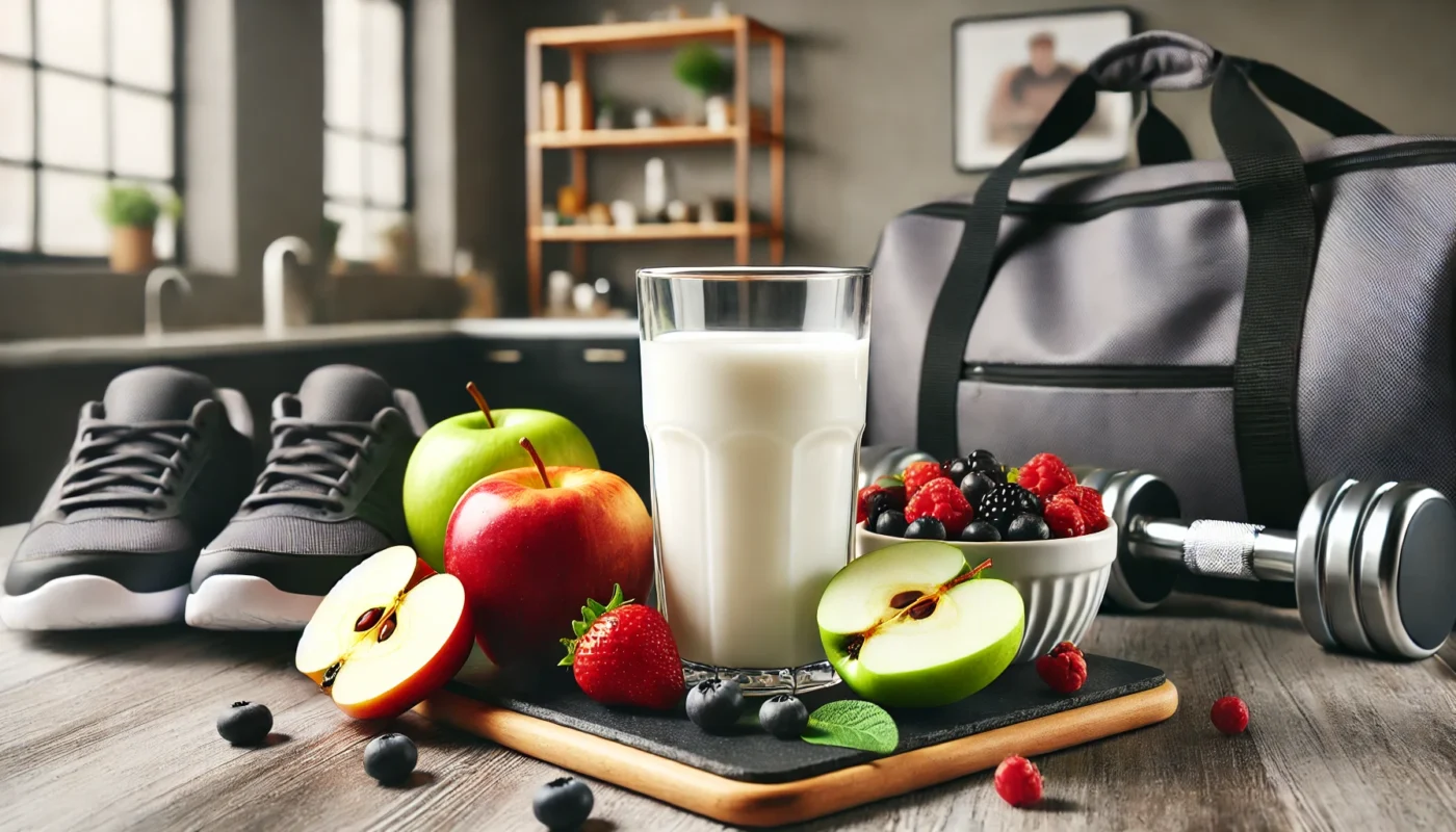 A glass of milk surrounded by fresh fruits like apples and berries on a modern kitchen countertop. A gym bag in the background suggests a fitness-focused lifestyle and preparation for a workout.