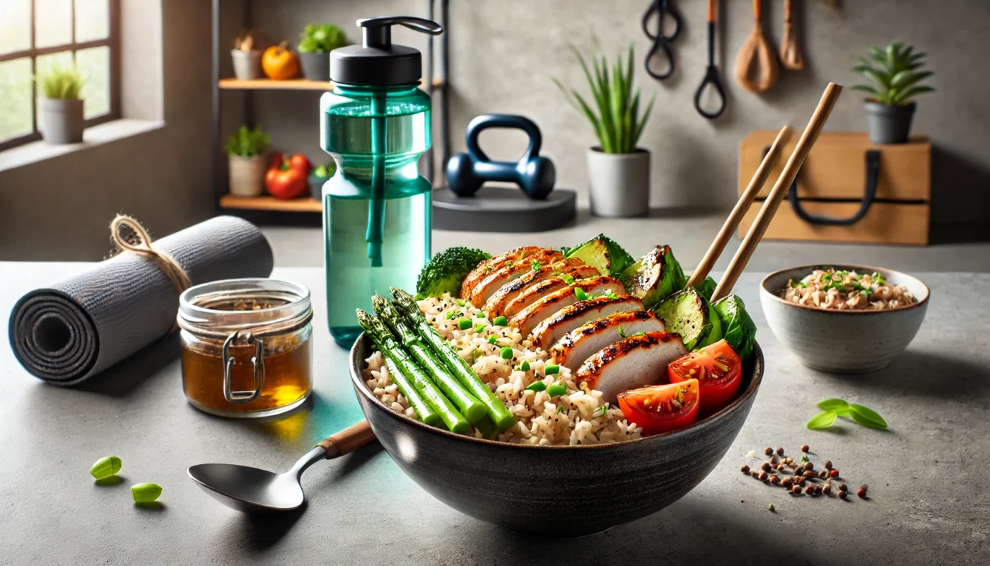 A post-workout meal featuring a bowl of brown rice topped with grilled chicken, sautéed vegetables, and a drizzle of olive oil, set in a modern kitchen with a water bottle and yoga mat in the background, highlighting recovery nutrition.