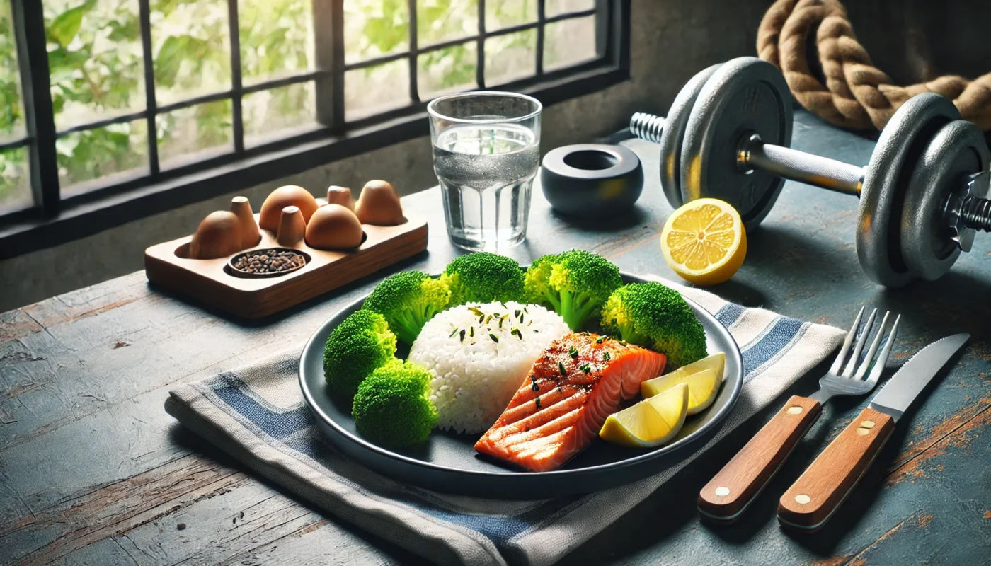  A healthy post-workout meal featuring a plate of white rice paired with grilled salmon and steamed broccoli, garnished with lemon slices. The table is set near a window with natural light, with a towel and dumbbells in the background, emphasizing recovery and fitness.