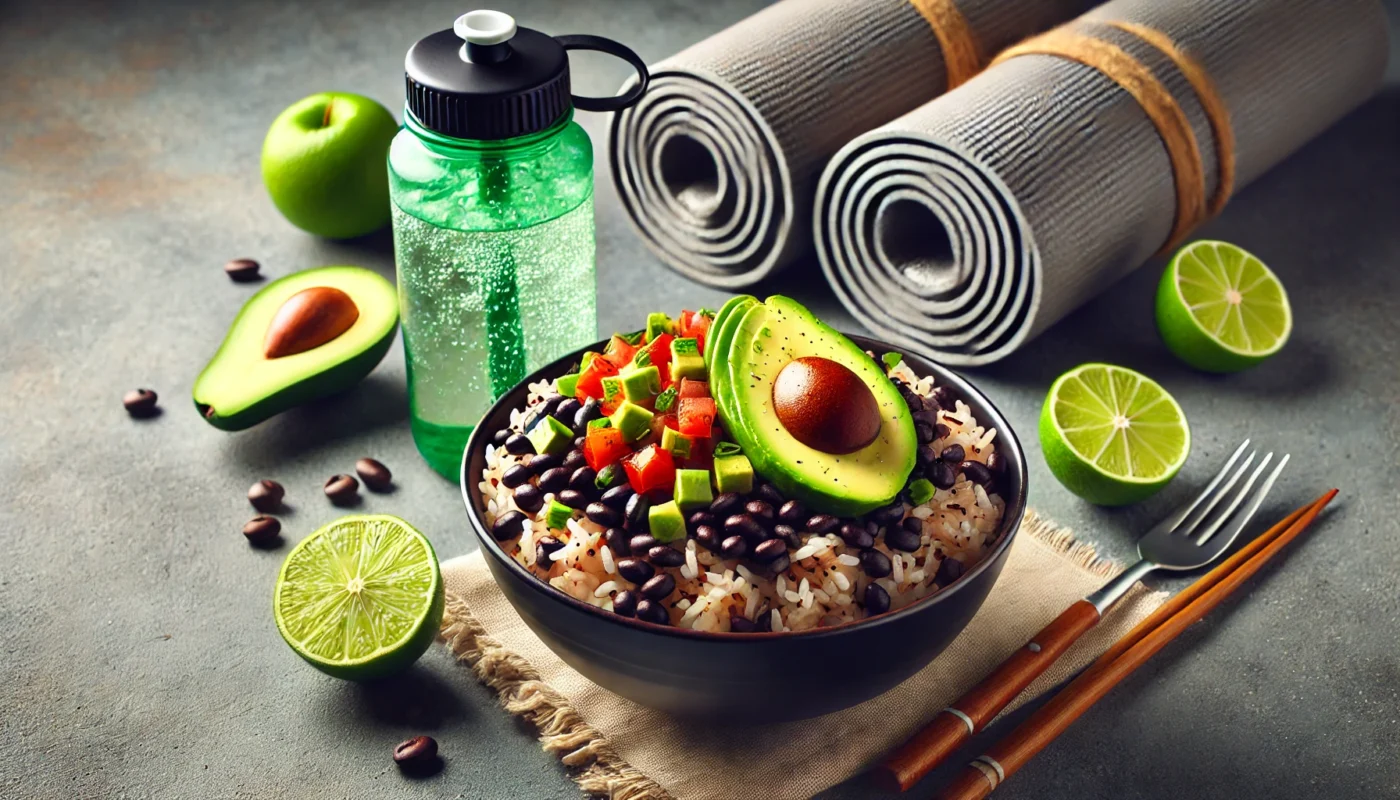 A wholesome post-workout meal featuring a bowl of jasmine rice mixed with black beans, diced avocado, and fresh salsa, served with lime wedges. The background includes a fitness water bottle and a rolled-up gym mat, emphasizing a health-conscious recovery environment.