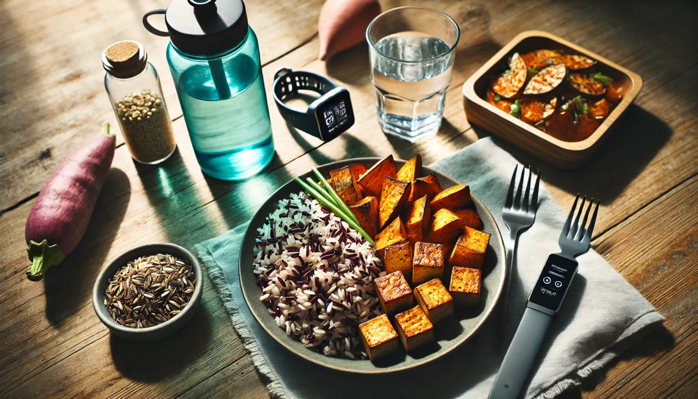 A post-workout meal featuring wild rice, roasted sweet potatoes, and grilled tofu, neatly arranged on a plate. The table includes a water bottle and fitness tracker, with natural light highlighting an active and recovery-focused lifestyle.