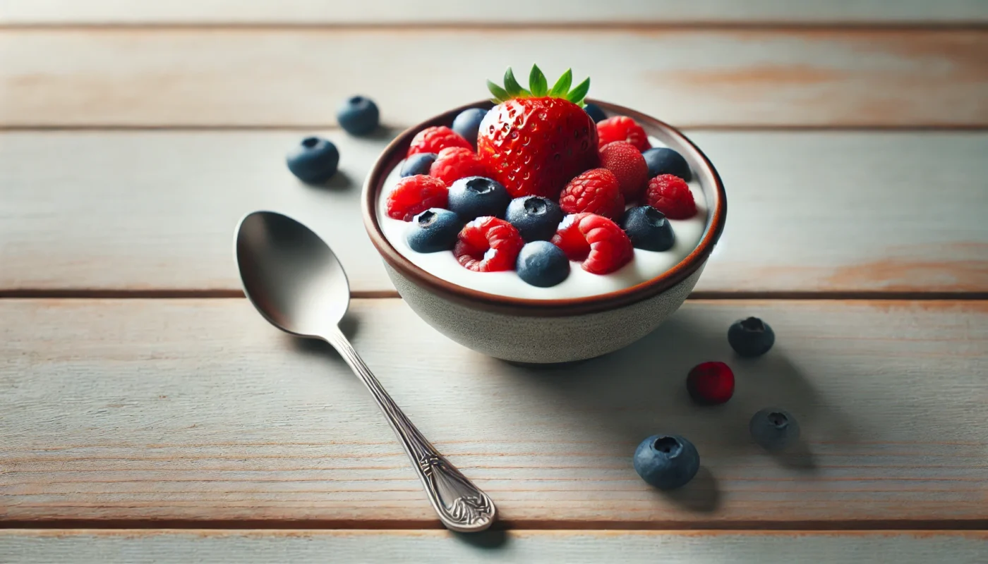 A healthy pre-workout snack of Greek yogurt with mixed berries, perfect for quick energy 30 minutes before workout.