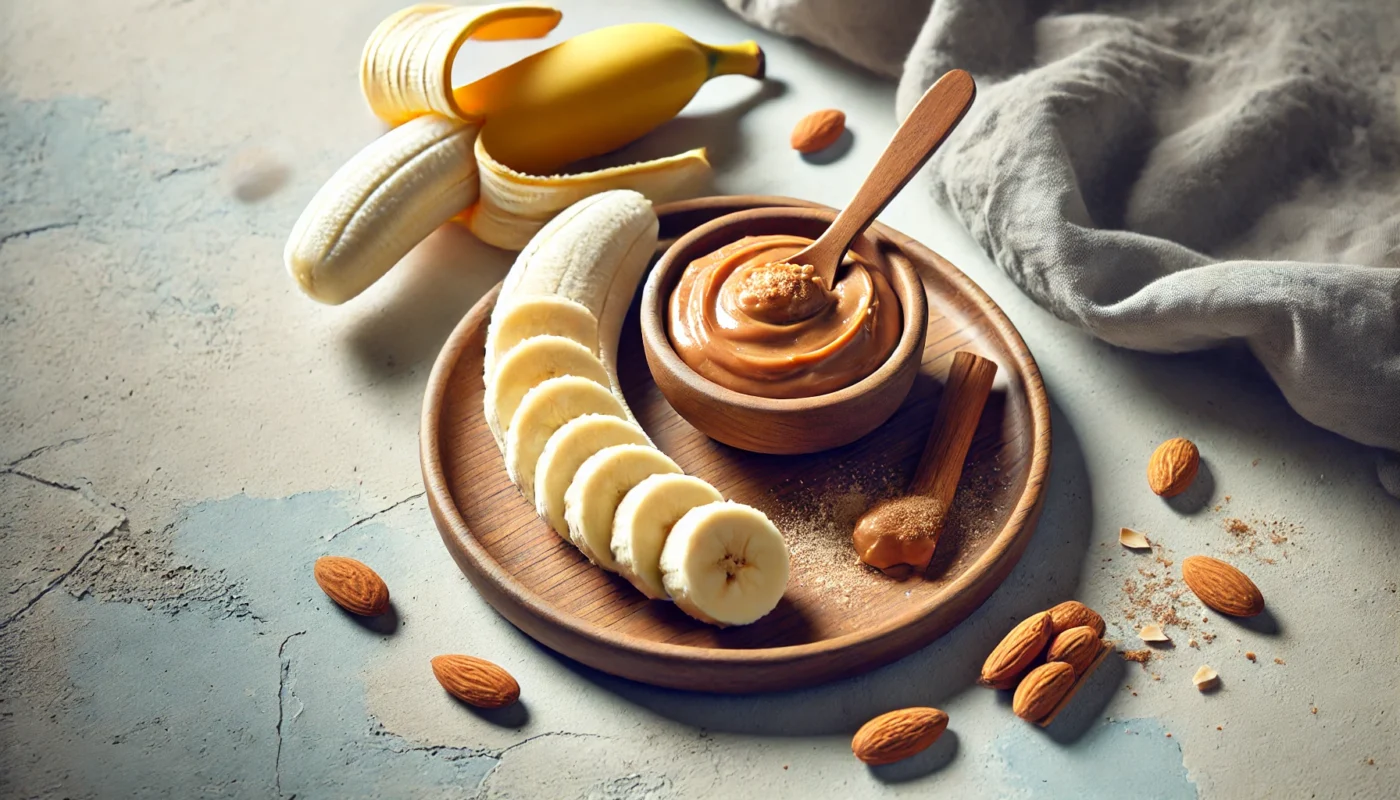 A healthy pre-workout snack featuring sliced banana topped with almond butter on a wooden plate, ideal for quick energy 30 minutes before a workout."