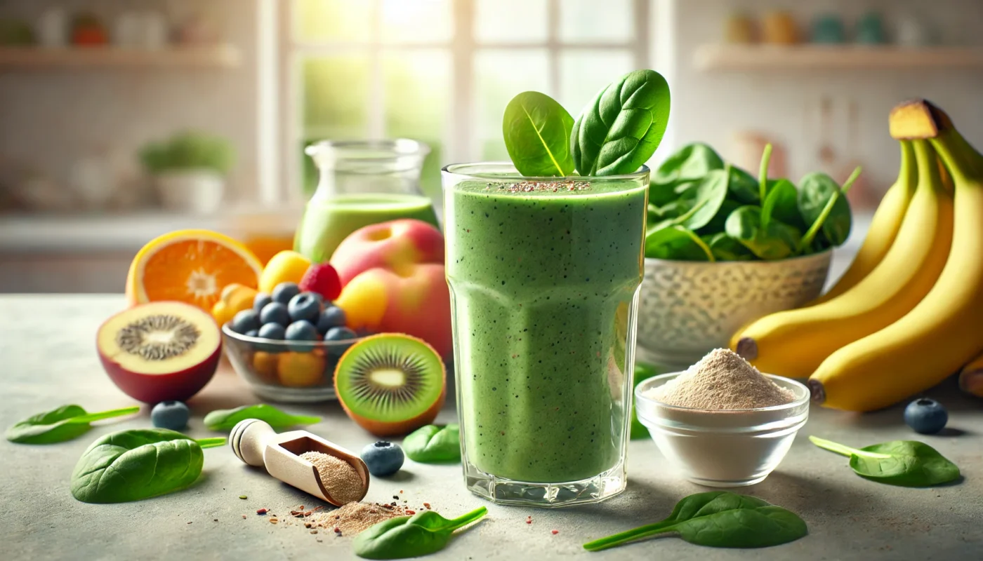 A vibrant smoothie made with spinach, mixed fruits, and protein powder, providing a refreshing and nutrient-rich pre-exercise option.