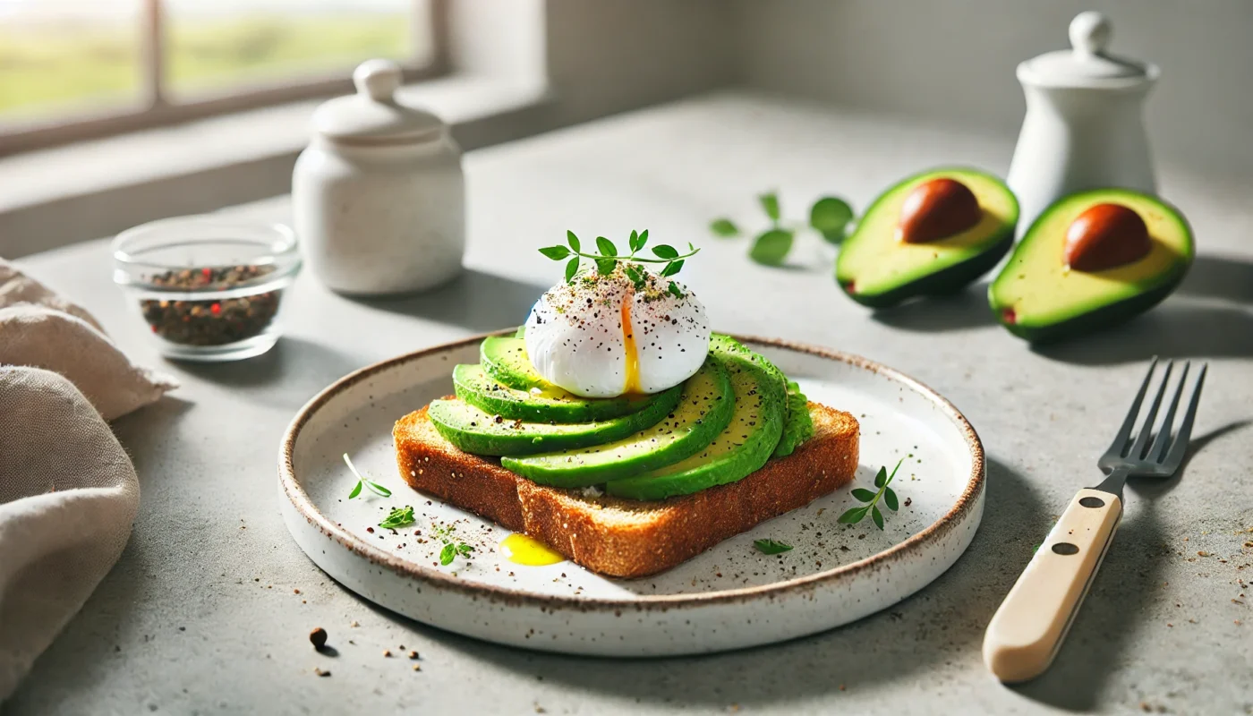 A fresh whole-grain toast topped with avocado slices and a poached egg, garnished with herbs, offering a balanced meal for pre-workout fuel.