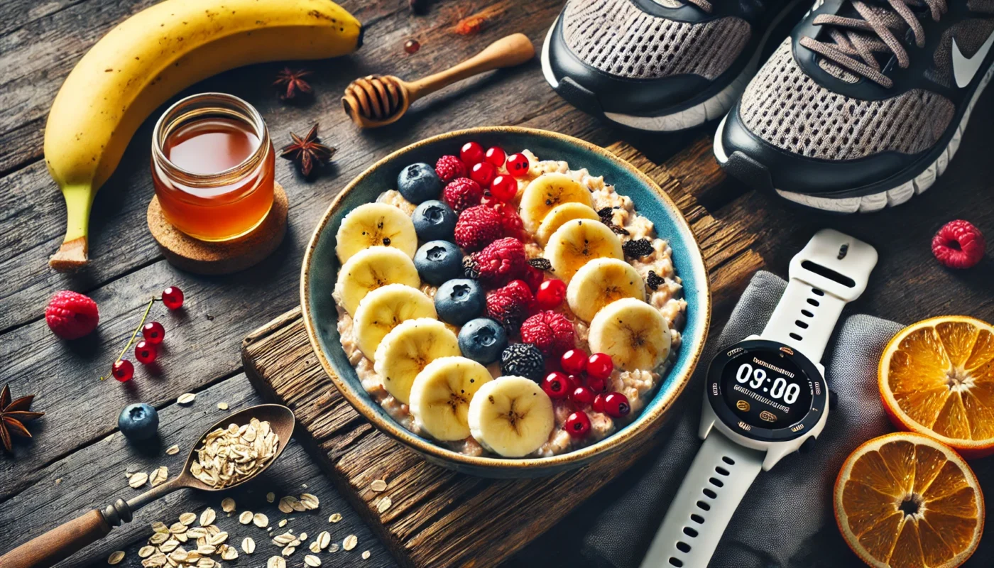 A vibrant bowl of oatmeal topped with banana slices, berries, and a drizzle of honey, with a running watch and shoes in the background, ideal for pre-run nutrition