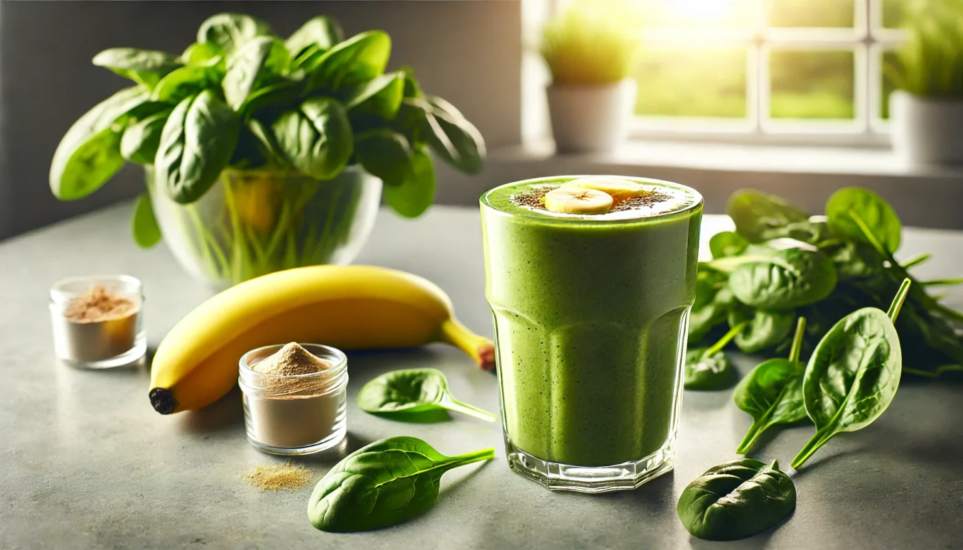 A sleek glass of spinach, banana, and protein smoothie, surrounded by fresh ingredients, showcasing a nutrient-packed post-run recovery option