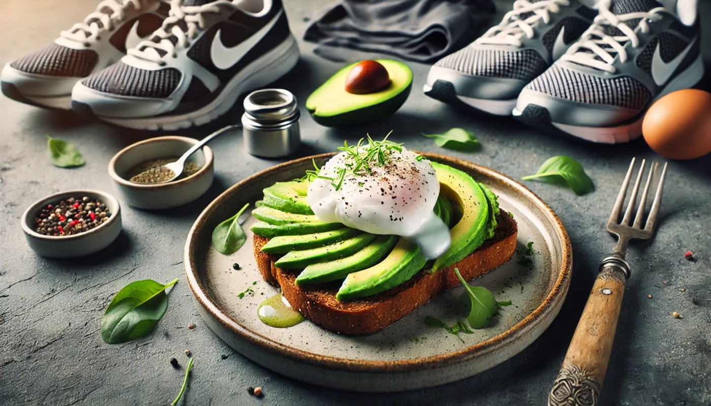 A perfectly poached egg on whole-grain toast with avocado slices, garnished with herbs, alongside subtle running gear, emphasizing pre-run meals.