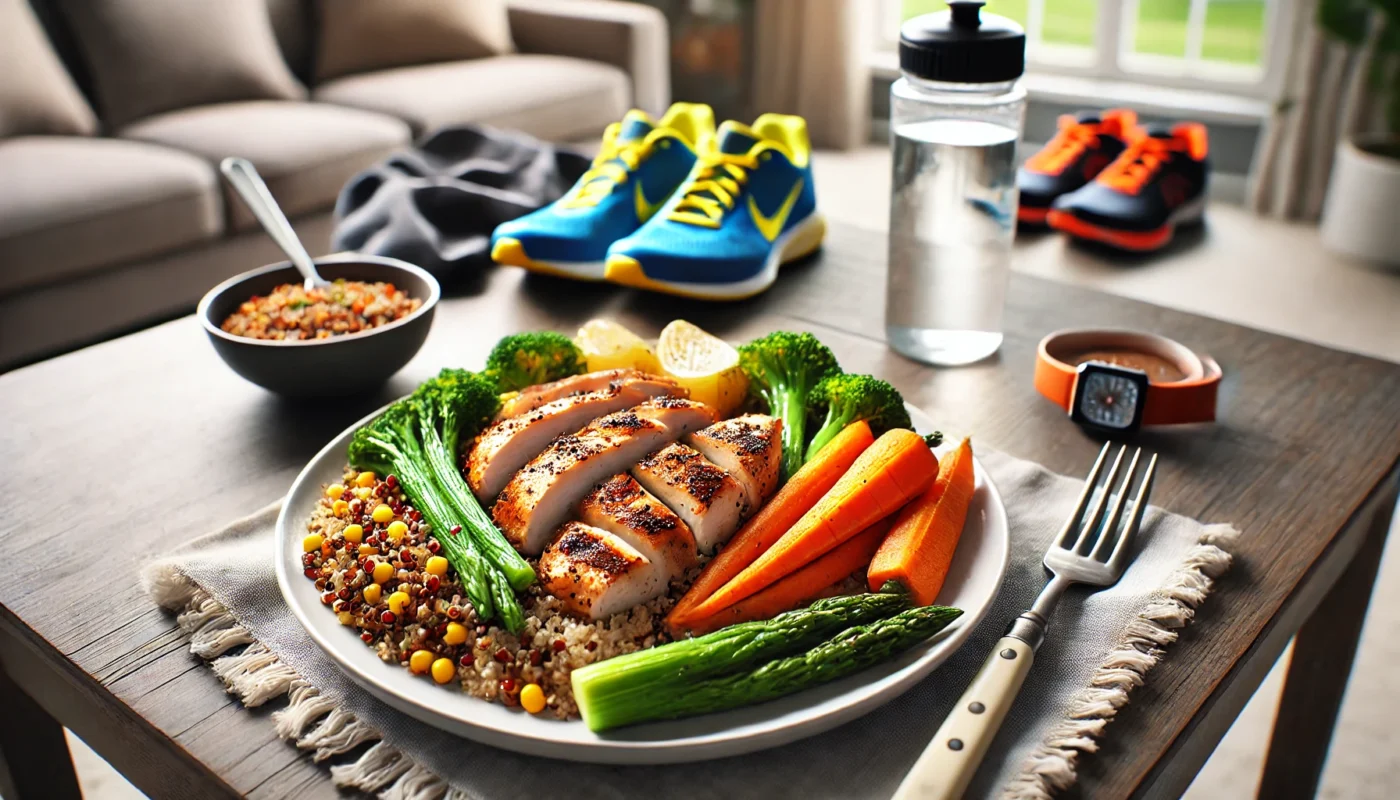 Grilled chicken with quinoa and steamed vegetables on a white plate, with a water bottle and running gear in the background, highlighting post-run recovery nutrition.