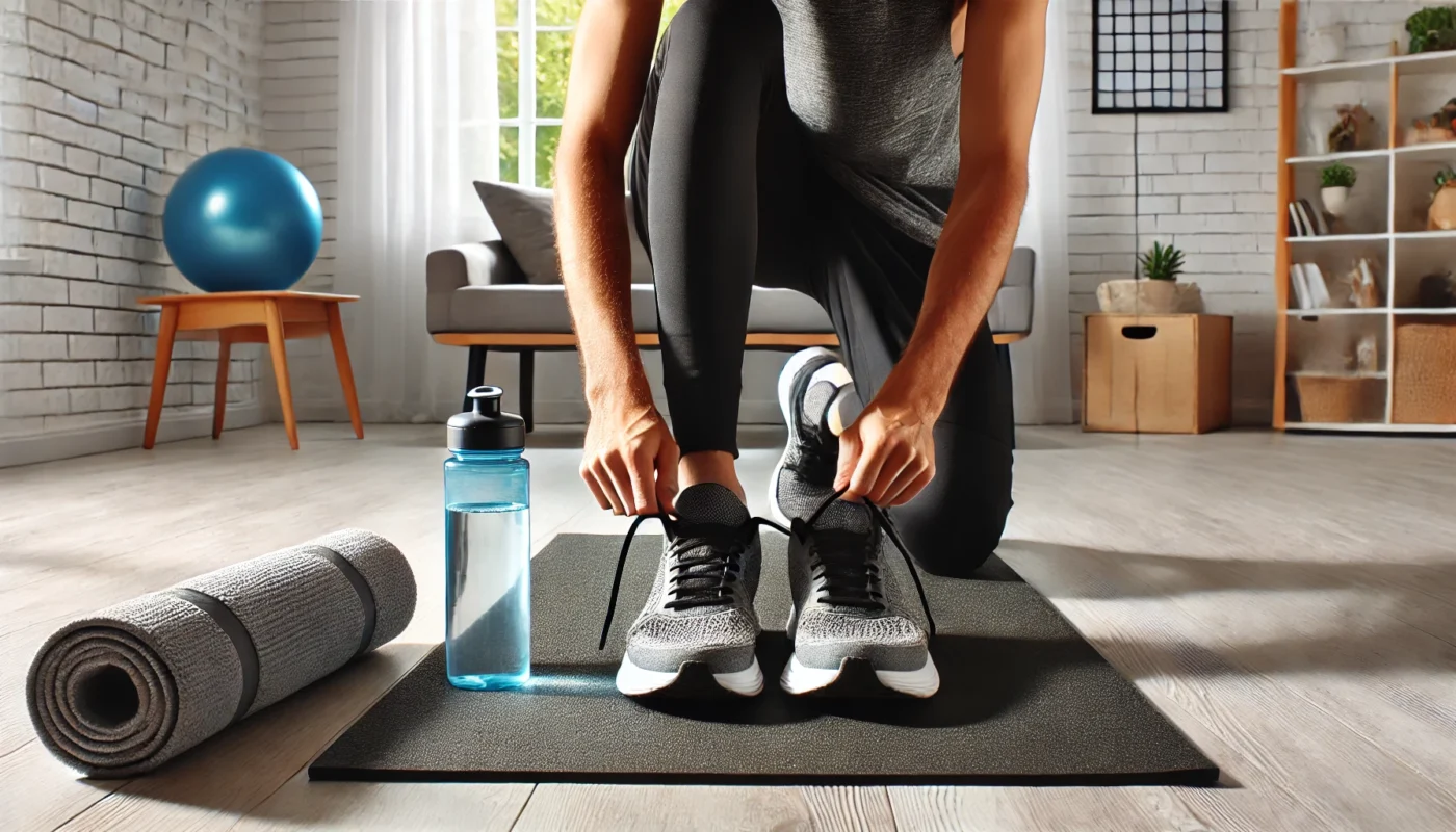 A person tying their running shoes on a gym mat with a water bottle and towel nearby, symbolizing preparation before exercising in a bright workout space.