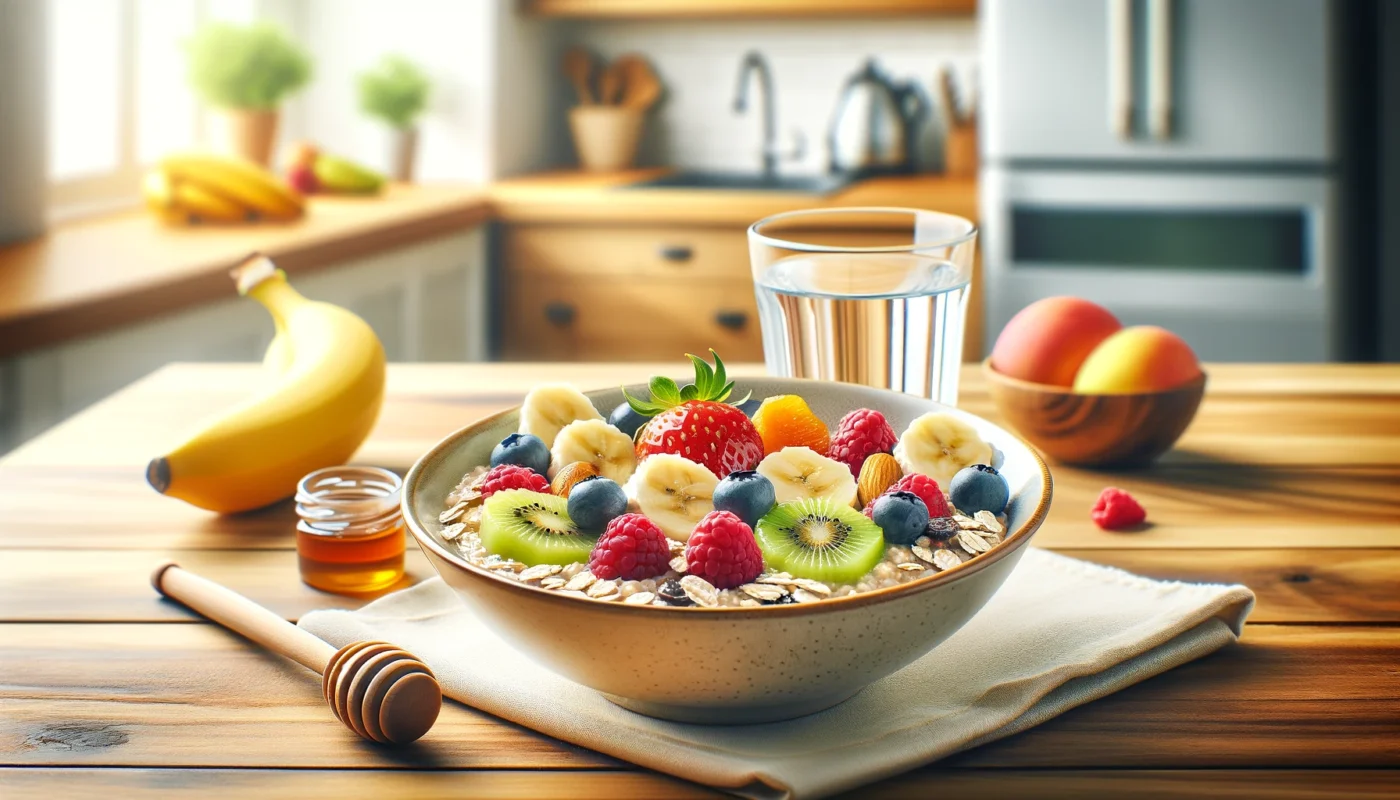 A plate of oatmeal topped with fresh fruits and a drizzle of honey, placed on a wooden dining table with a glass of water, representing nutritional preparation before exercise.