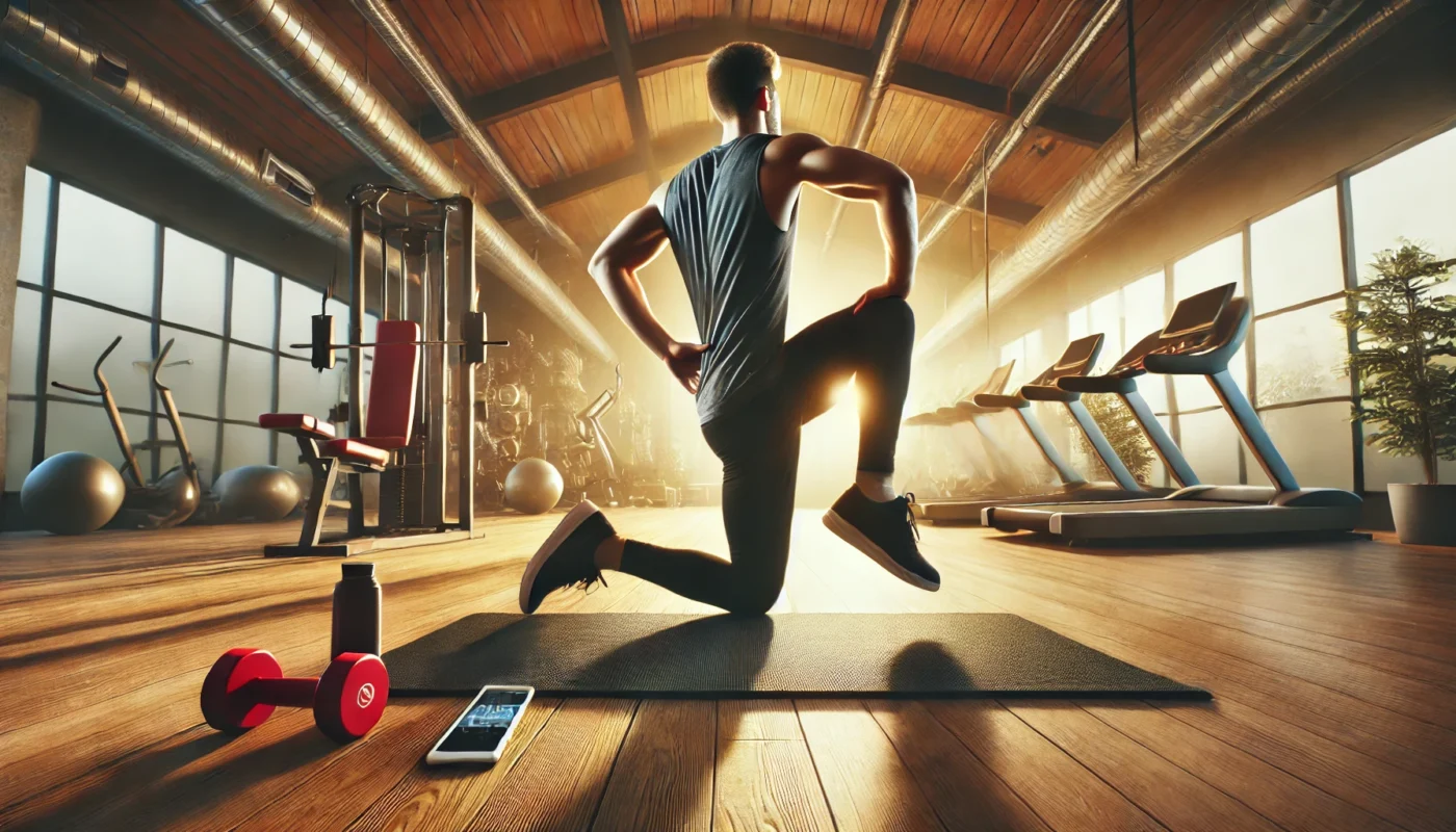 A person performing dynamic stretches, such as leg swings, on a yoga mat in a brightly lit gym, highlighting the importance of warming up before exercising.