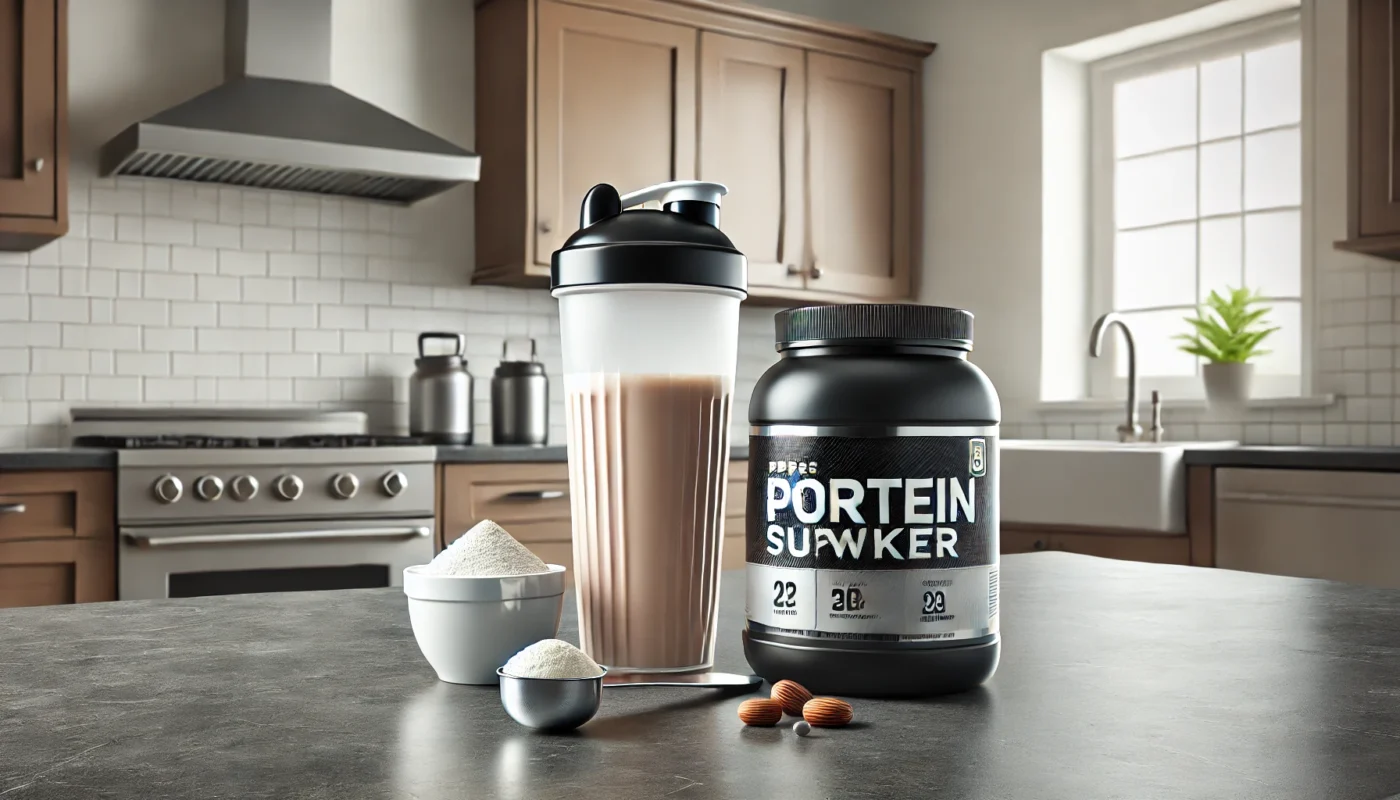 A set of workout supplements, including a protein shaker, a scoop of protein powder, and a pre-workout drink, arranged on a sleek kitchen counter, showcasing exercise preparation.