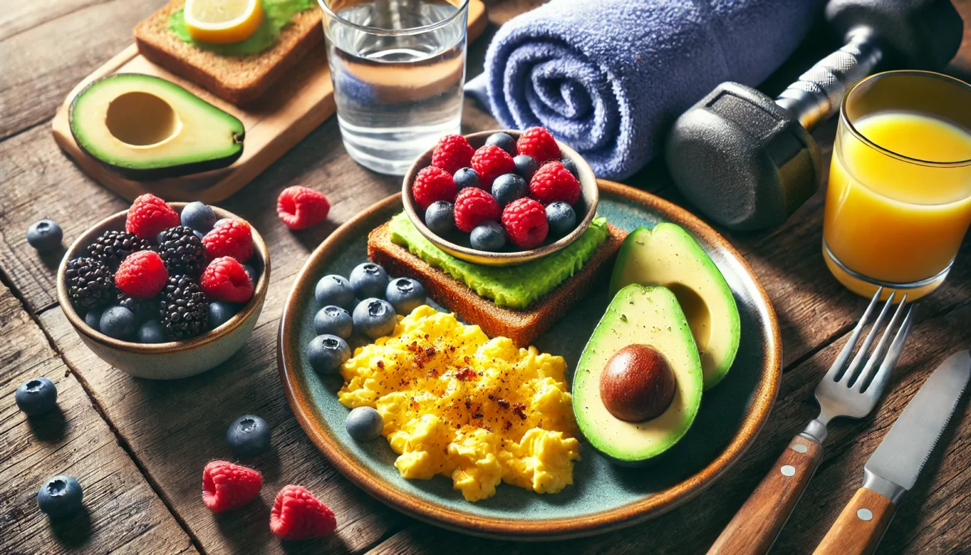 A vibrant breakfast featuring scrambled eggs, whole-grain toast, avocado slices, and mixed berries to aid post-workout muscle recovery.