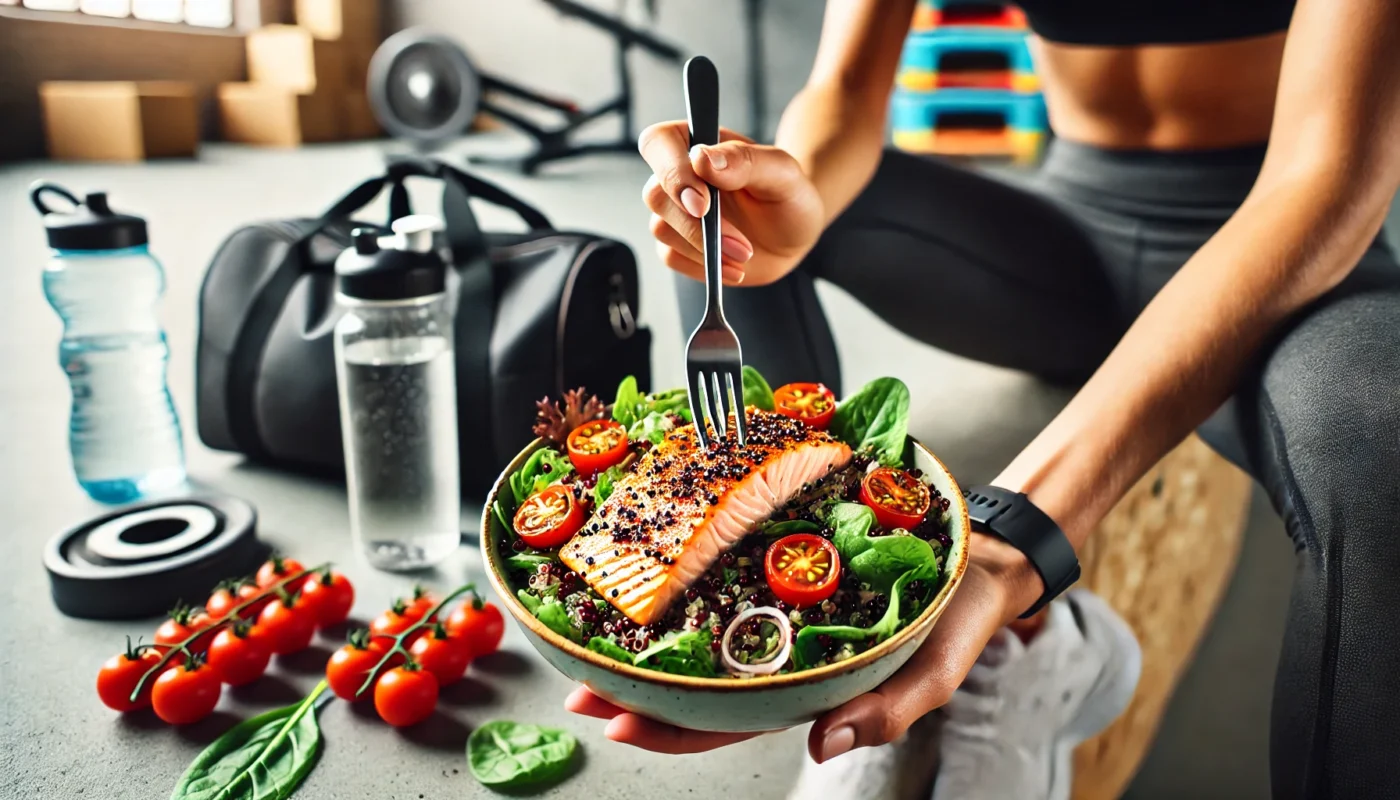 A post-workout quinoa salad topped with grilled salmon and greens, showcasing a balanced meal for muscle recovery and growth.