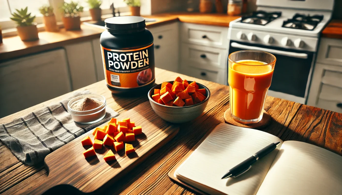 A sunny kitchen counter with orange juice, protein powder, and sweet potato cubes, perfect for planning recovery-focused meals.