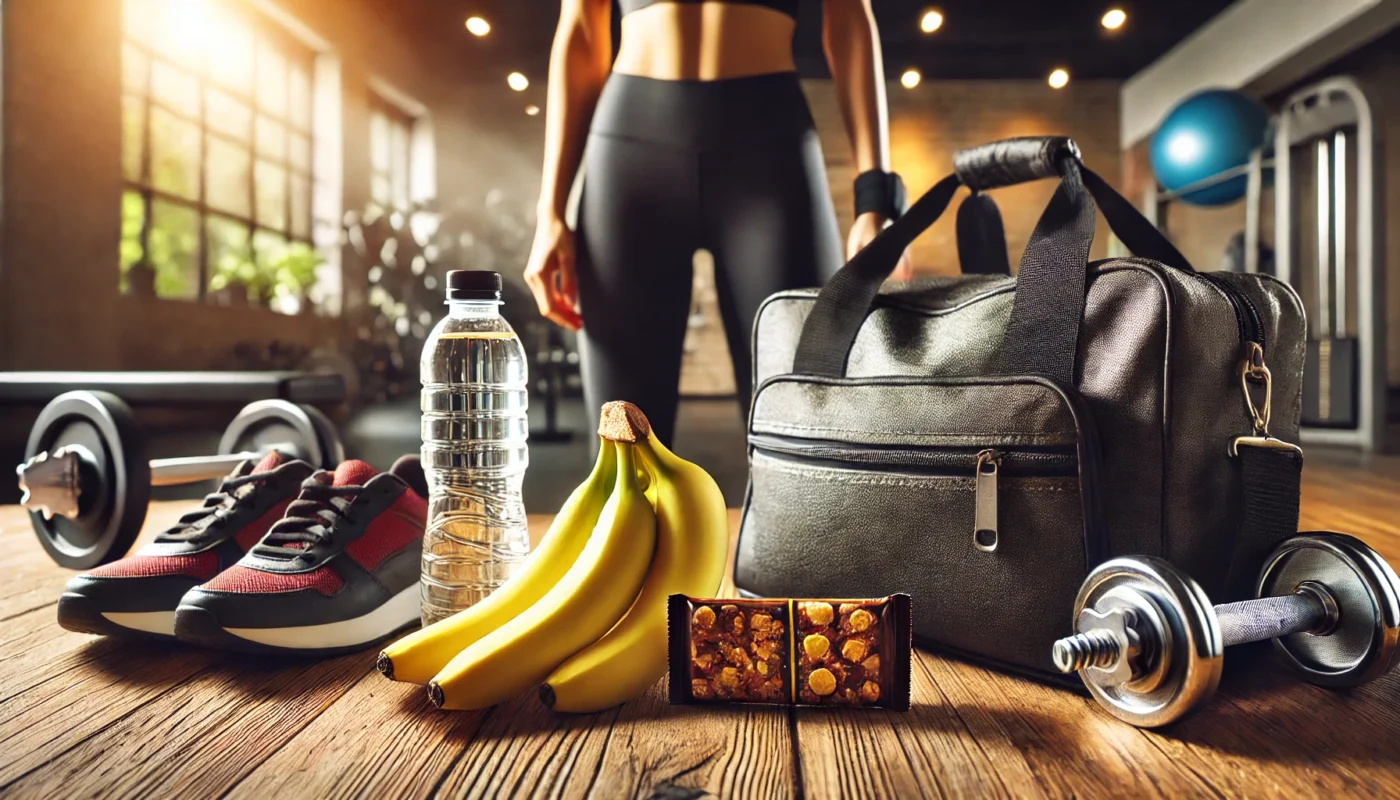 A pre-workout scene with a person holding a banana and an energy bar, highlighting preparation for exercise with natural sugars.