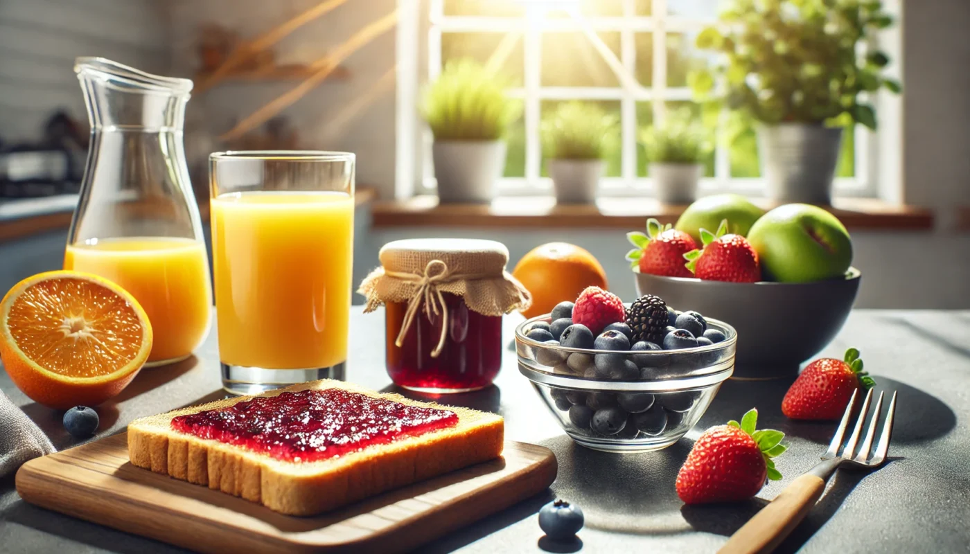 A light pre-workout snack of orange juice, berries, and whole-grain toast with jam, set on a sunny kitchen counter