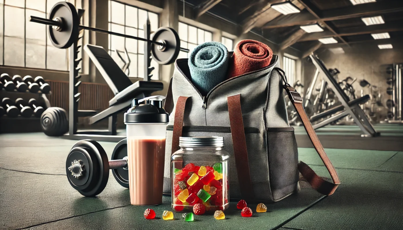 A gym bag with a protein shake, gummy candies, and a towel, emphasizing sugar and protein for pre-exercise energy.