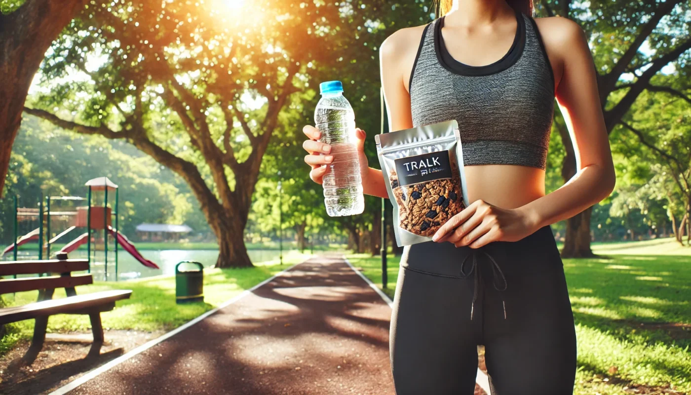 A person in athletic wear holding trail mix and water in a sunny park, symbolizing a balanced pre-workout energy boost.