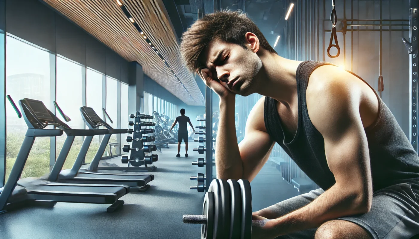 A person lifting weights with a tired expression in a gym, illustrating the effects of exercising without protein intake.