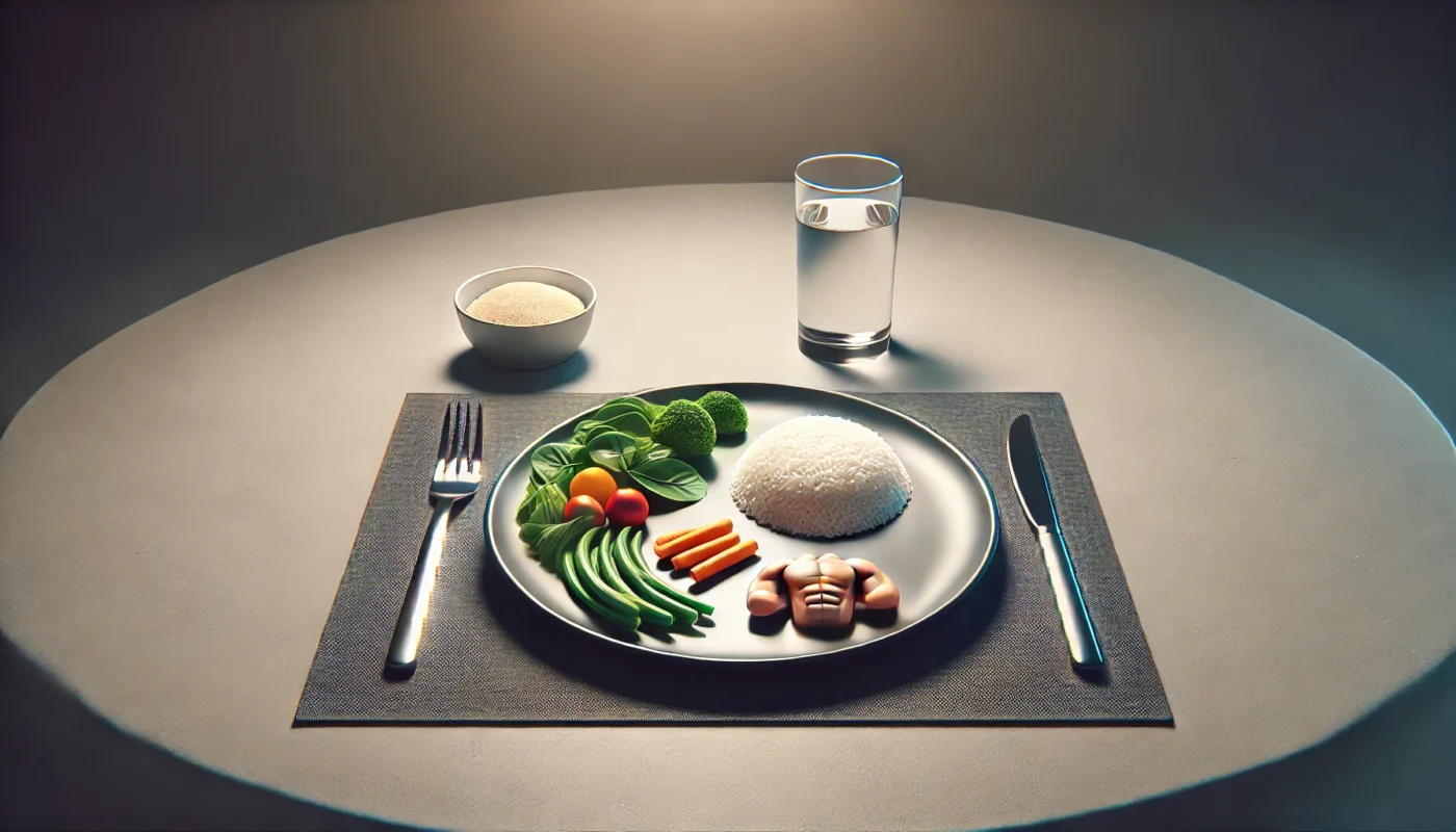 A plate with minimal food, like rice and vegetables, symbolizing inadequate nutrition for muscle growth due to lack of protein."