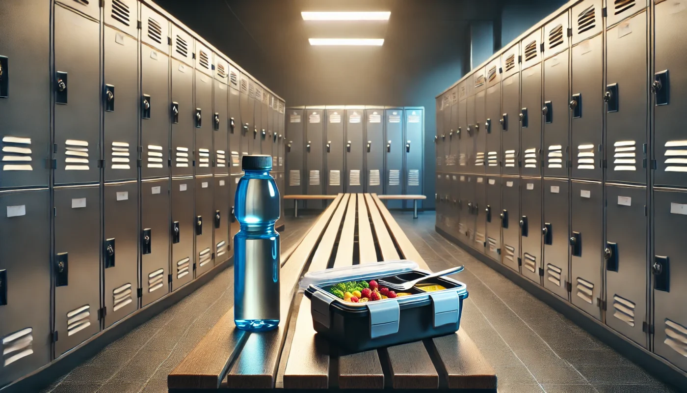 "A gym locker room with a bottle of water and an empty meal prep container, representing insufficient dietary preparation for exercise.