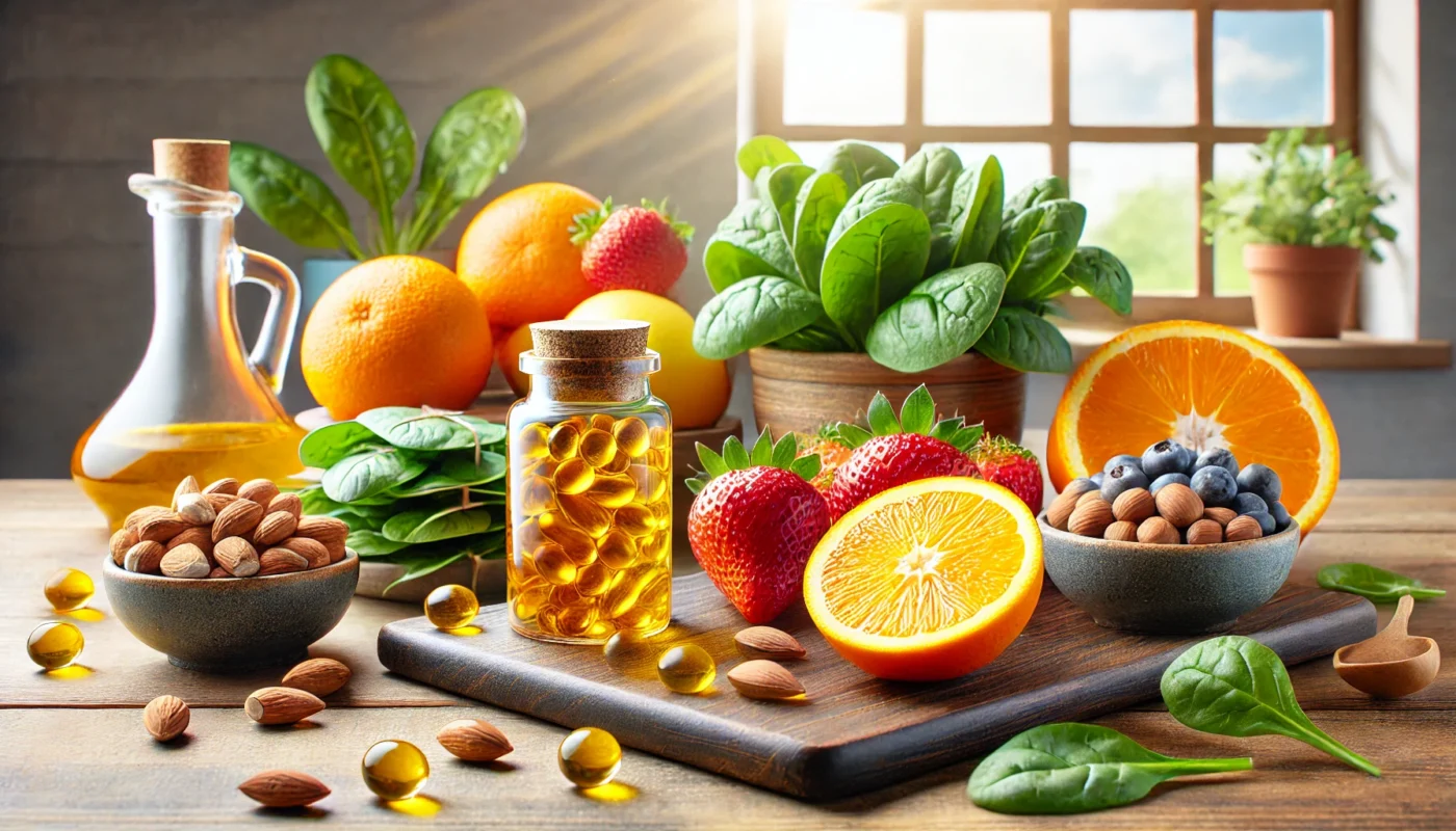 "A vibrant kitchen counter with vitamin-rich foods like oranges, strawberries, spinach, nuts, and fish oil capsules, supporting muscle repair and growth.